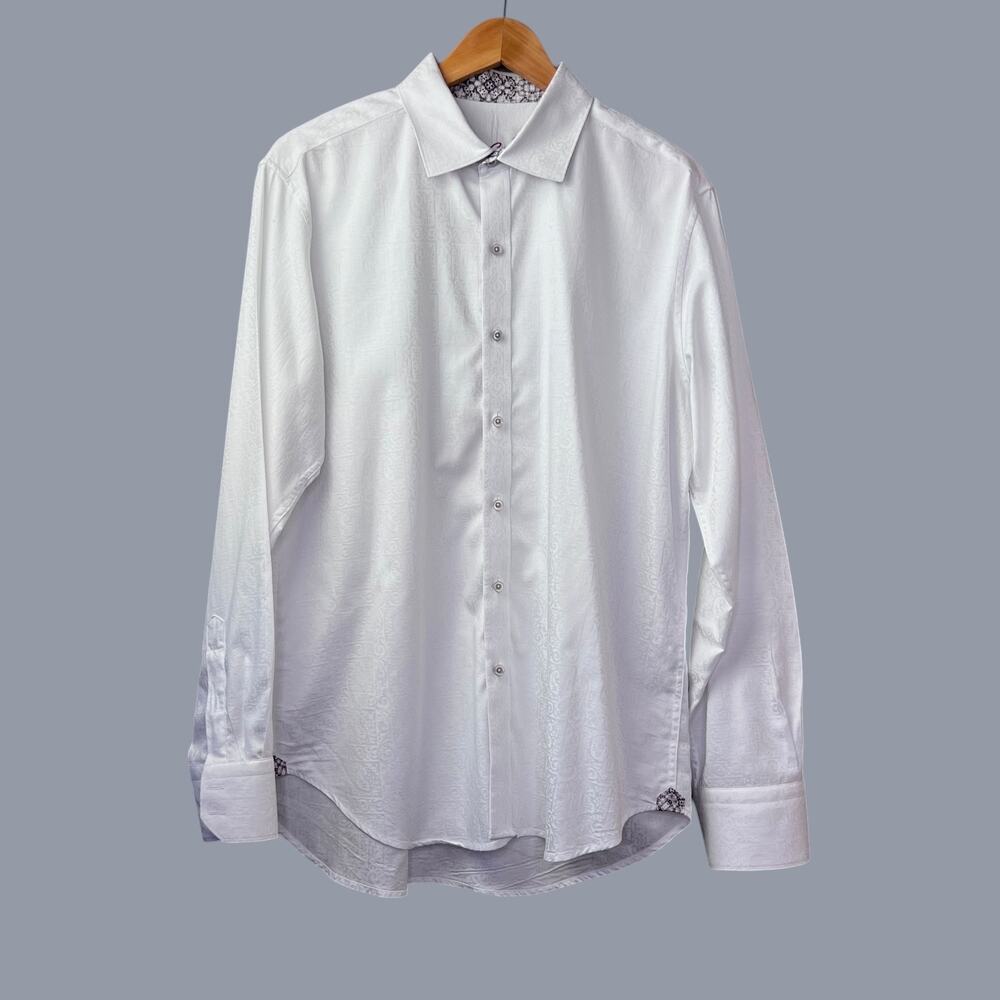 Robert Graham Luxury Dress Shirt Mens L White Paisley Jacquard Classic Fit